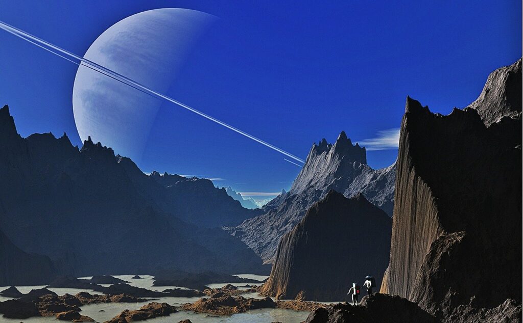 saturn, landscape, mountains, mountainous, canyon, primeval world, primeval landscape, nature, ring planet, astronaut, astronautics, space travel, science fiction, future, settlement, karg, lonely, inanimate