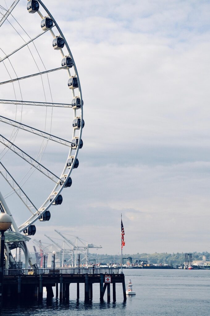 seattle, nature, america, usa, ferris wheel, city, water, washington state, american flag, pier, tourism