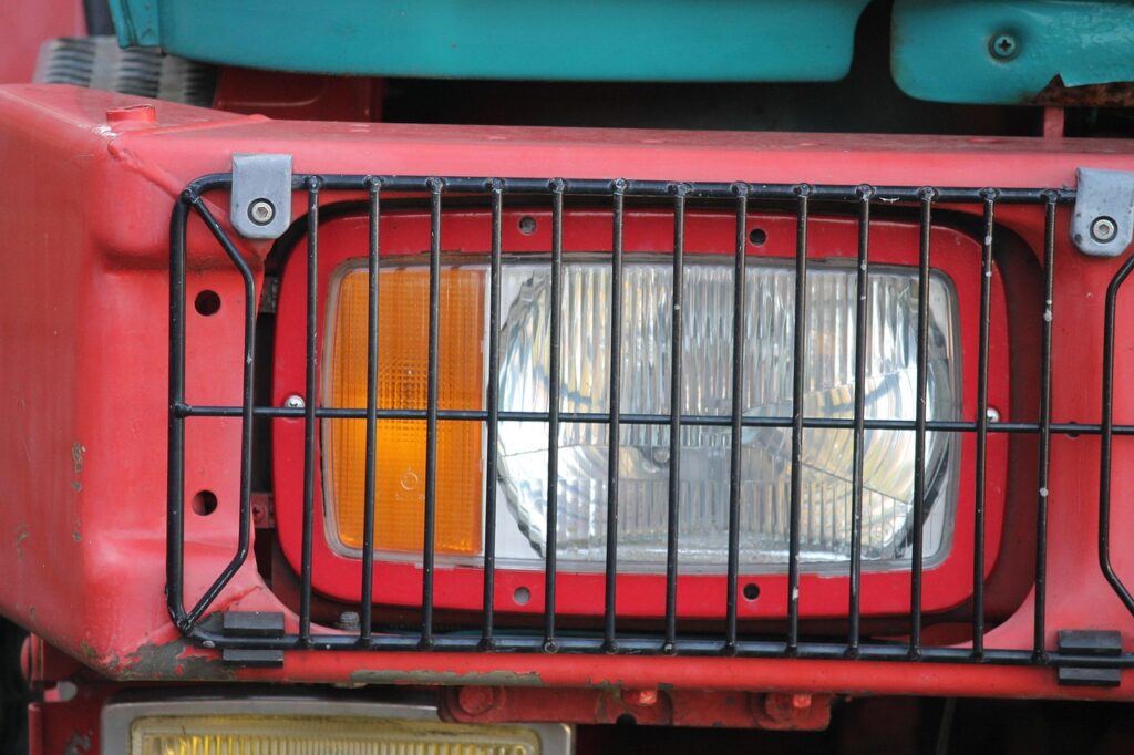 headlights, protective grille, all terrain vehicle, motor vehicle, offroad, jeep, suv, automobile, vehicle, glass, headlight glass, lamps, shining, front, front headlight, classic, transport