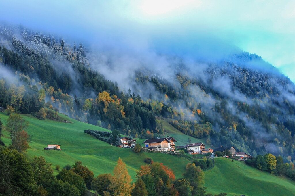 mountain, cloud, critter, wood, pine, landscape, house, mountain house, mood, alpine, forest, green, fog, autumn, nature, panorama, blue nature, blue forest, blue house, blue landscape, blue wood, blue mountain, blue clouds, blue natural, mountain, house, house, house, house, house, mountain house, green