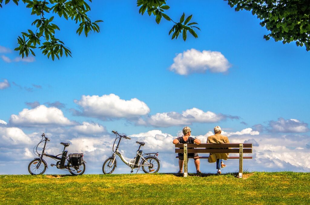 man, nature, woman, bicycle, bike, air, sky, bench, peace, people, couple