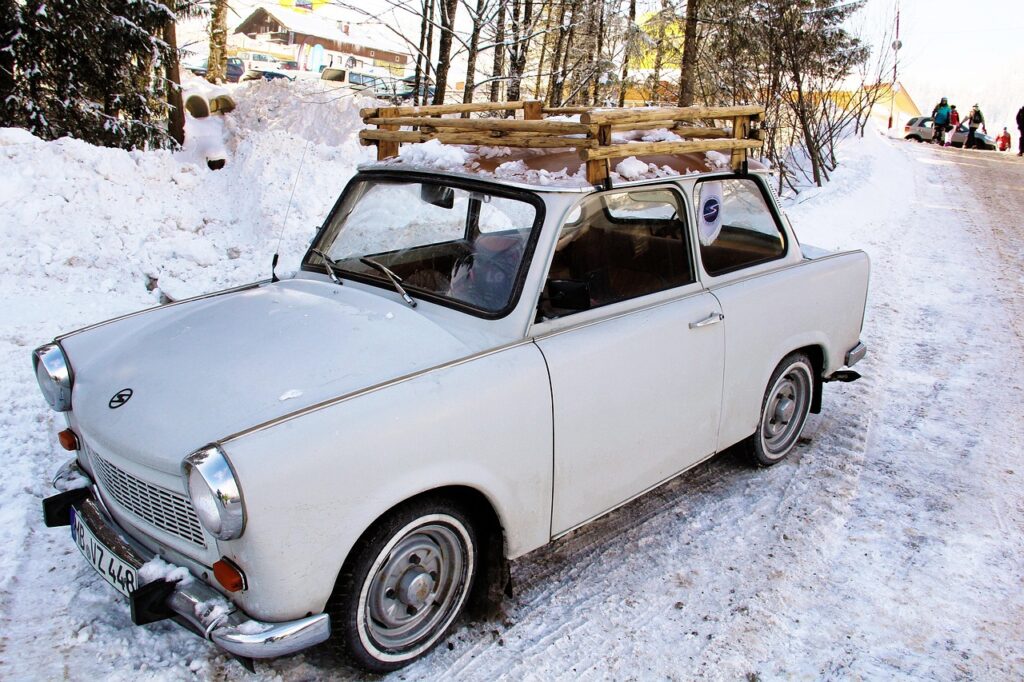 trabbi, automobile, satellite, vehicle, antique car, classic, roof racks, bizarre, winter, winter landscape