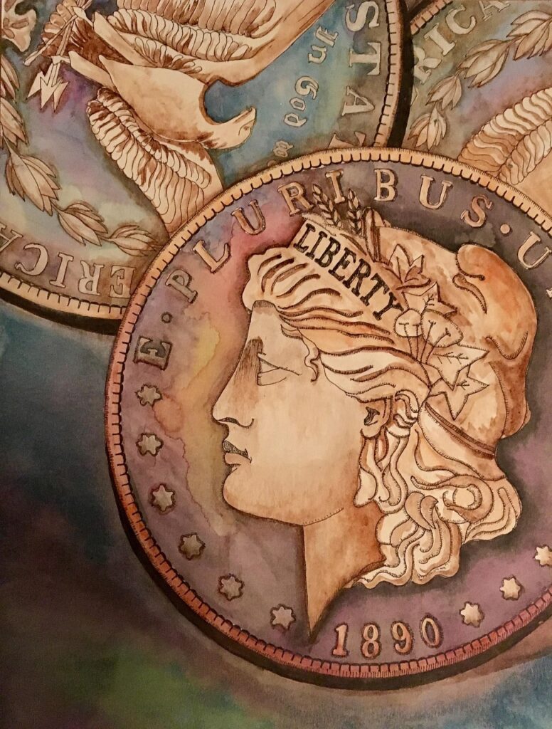 silver, coins, morgan dollar, money, currency, treasure, artwork, watercolor, brown money, brown watercolor, morgan dollar, morgan dollar, morgan dollar, morgan dollar, morgan dollar, money