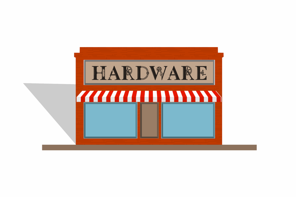hardware, store, shop, sign, materials, tools, construction, work, gears, pipes