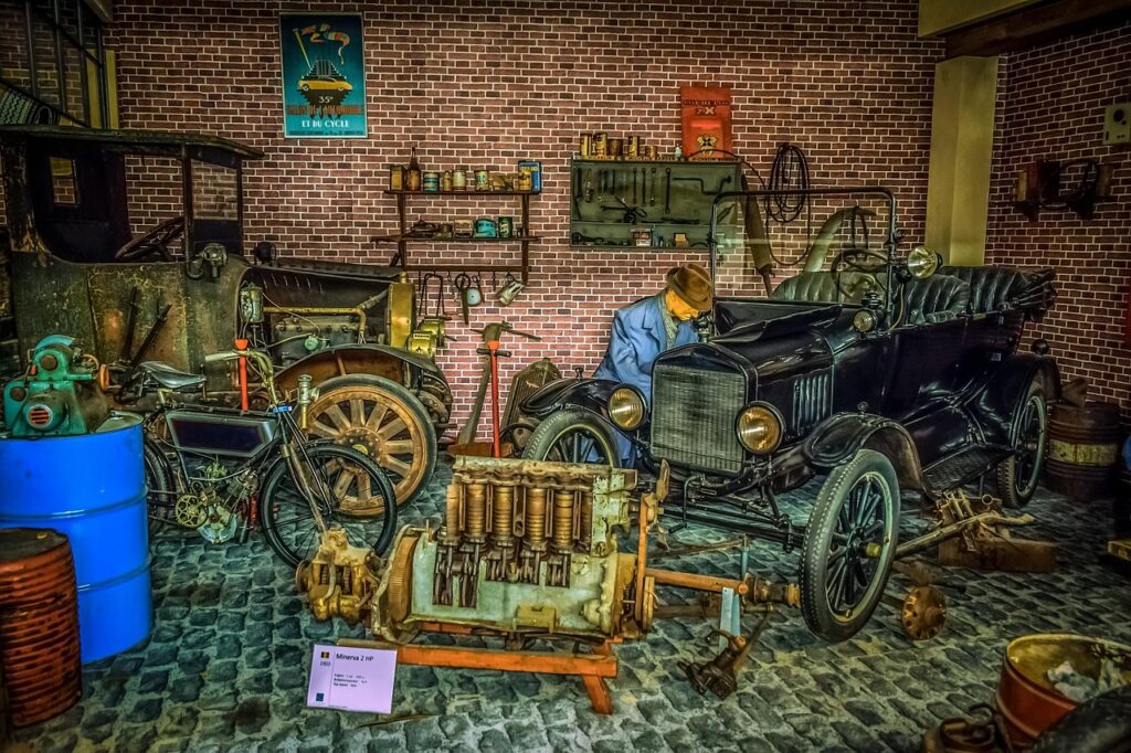 garage, repairs, car, mechanic, workshop, service, fix, engine, worker, tools, autoworld, brussels, car wallpapers, belgium, car museum, brown car, brown tools, brown garage, brown service