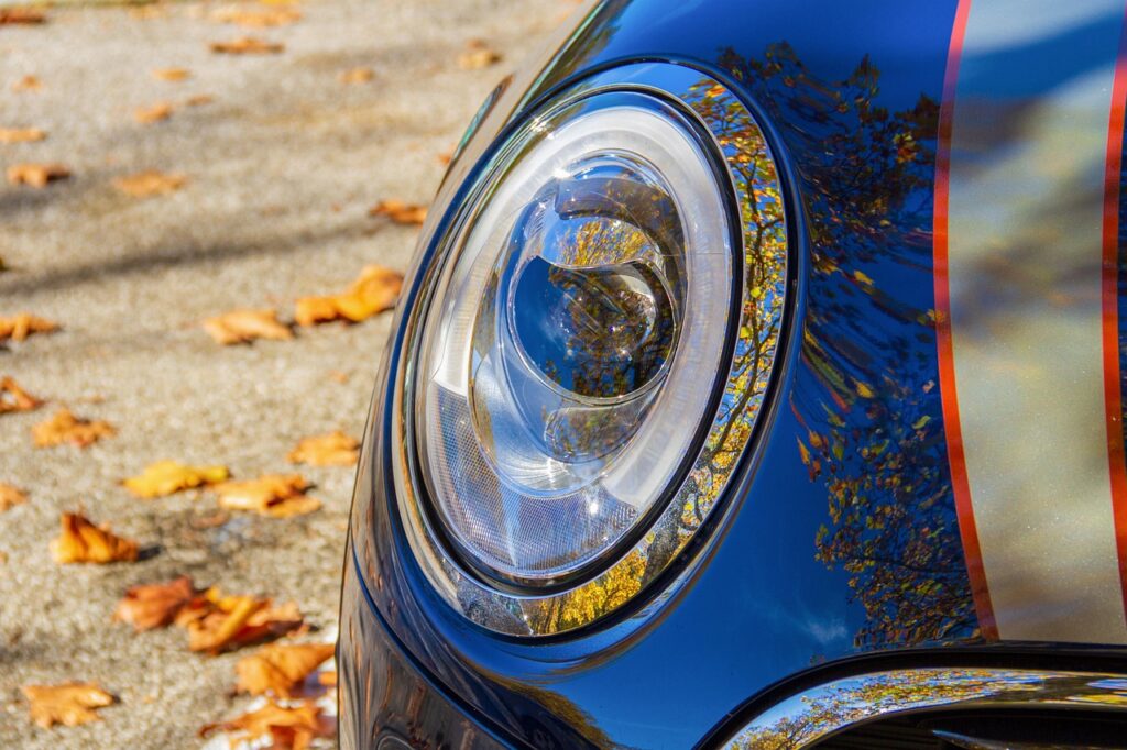automobile, mini, cooper, headlights, light, fall, reflection, autumn leaves, vehicle, mini cooper, mini cooper, mini cooper, mini cooper, mini cooper, mini cooper