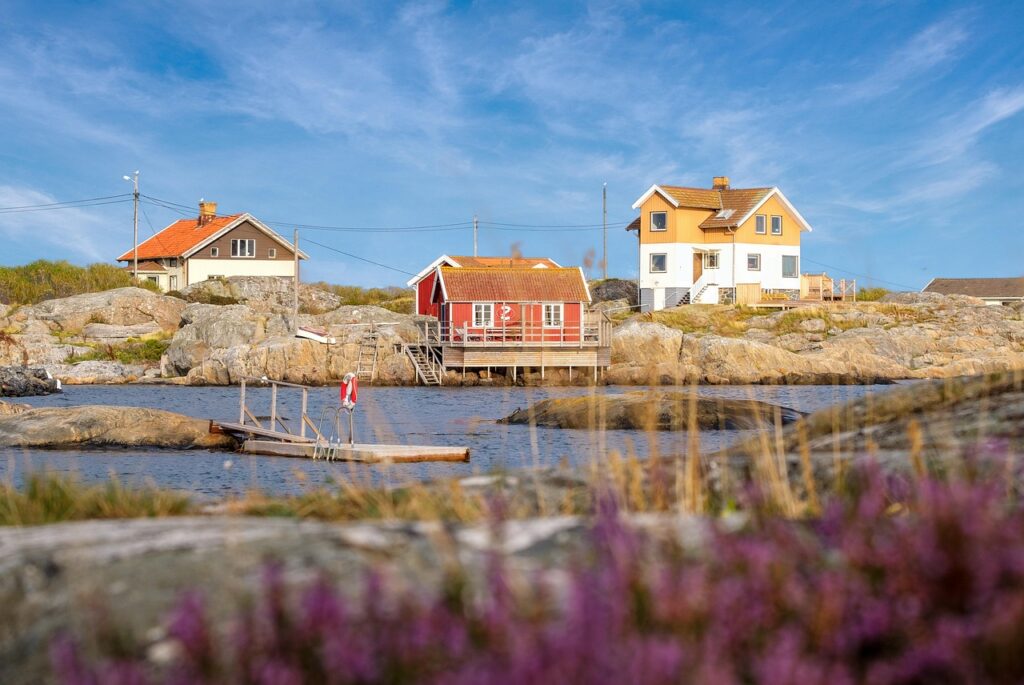 coast, beach, house, beach house, holiday home, woodhouse, sweden house, water, sea, lake, heaven, clouds, rock, nature, stony, outlook, landscape