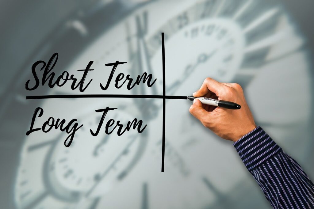 in the short term, in the long term, strategy, planning, business, hand, write, pen, clock, time, marketing, company, project, professional, work, plan