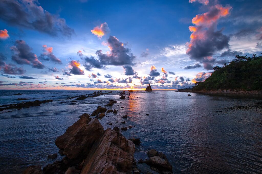 sunset, the indian ocean, coast, reef, nature, cloud, sour golden coast, java island, indonesia