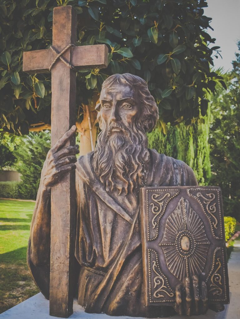 saint matthew evangelist, sculpture, statue, figure, artwork, religion, christianity, bronze, tamassos bishop, episkopeio, cyprus