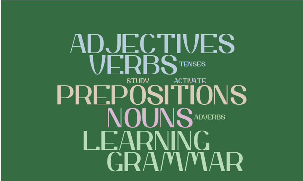 language, learning, grammar word cloud, verbs, prepositions, adjectives, green learning, green clouds, green language, verbs, verbs, verbs, verbs, verbs, prepositions, prepositions, adjectives