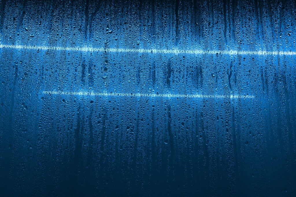 vapor, condensation, glass, window, drops, water, fluid, nature, wet, droplets, aqua, blue, dew, neon lights, moisture, moist