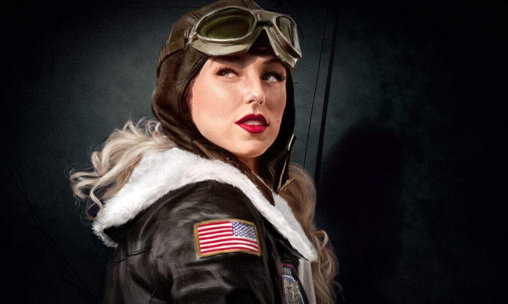 retro, pilot, nature, young woman, navigator, form, military, aviator, portrait, painting, drawing, the pearl harbor, war, sky, america, miss, illustration, person, beauty