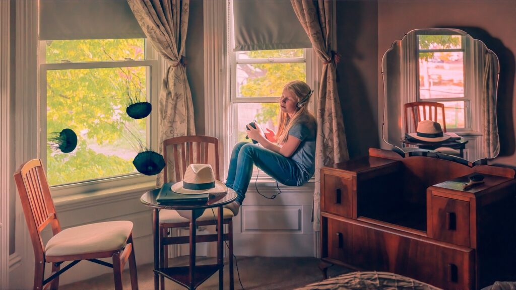 room, music, girl, jellyfish, listen, enjoy, undisturbed, window, headphones, inear, rest, penetration, unnoticed, connectcompetition, headphones, headphones, headphones, headphones, headphones