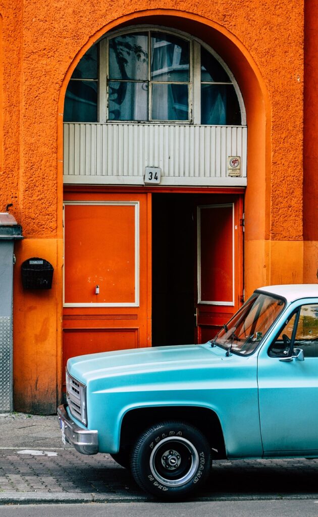 automobile, house, orange, road, chevrolet, american, pick-up, truck, colourful