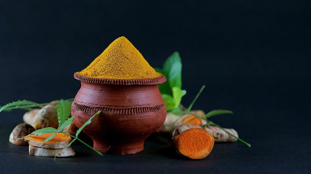 turmeric, neem, cup, spoon, undried turmeric, black background, nature, wood spoon, full of turmeric, leaf, dramatic