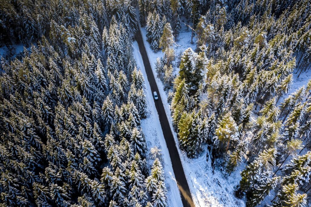 winter, winter forest, street, car, drive, driving, journey, road, vehicle, car wallpapers, nature, forest, trees, december, hoarfrost, snow, snowy, winterscape, snowscape, bird's eye view, aerial view, christmas wallpaper, aerial photography