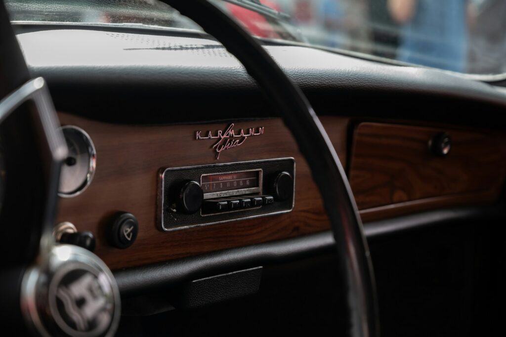 a steering wheel and dashboard of a car