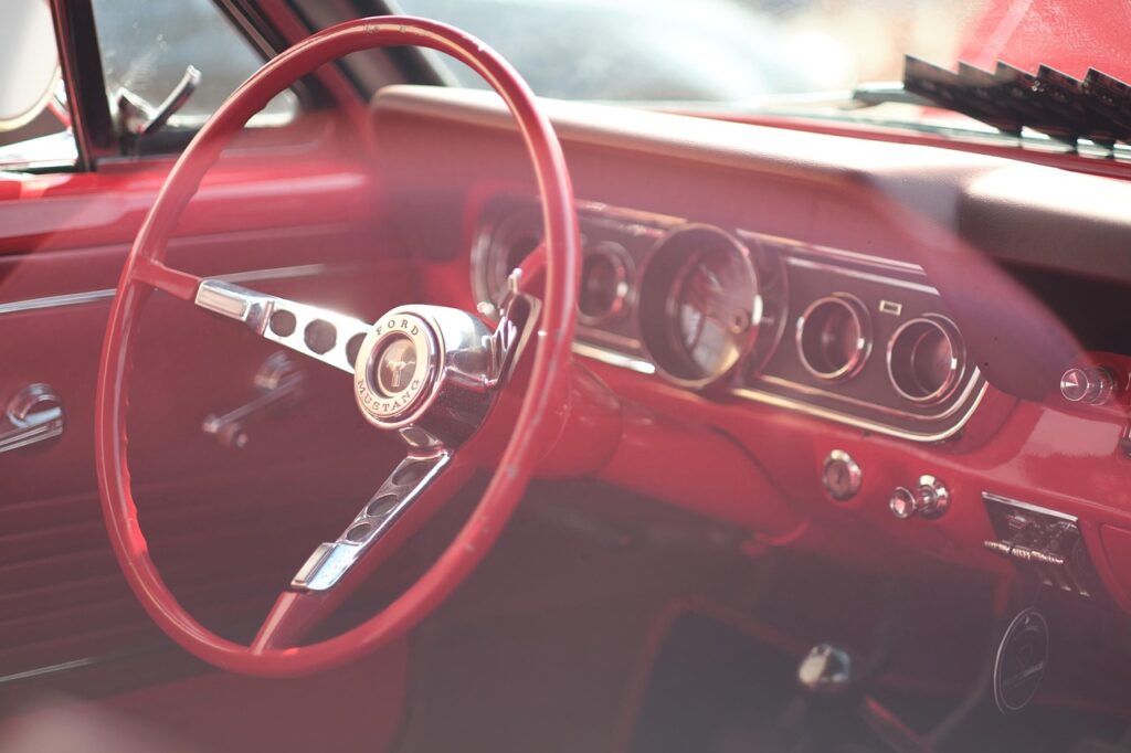 car, car wallpapers, steering wheel, odometer, interior, car interior, red car, ford, mustang, classic, oldtimer, auto, usa, retro, nostalgia