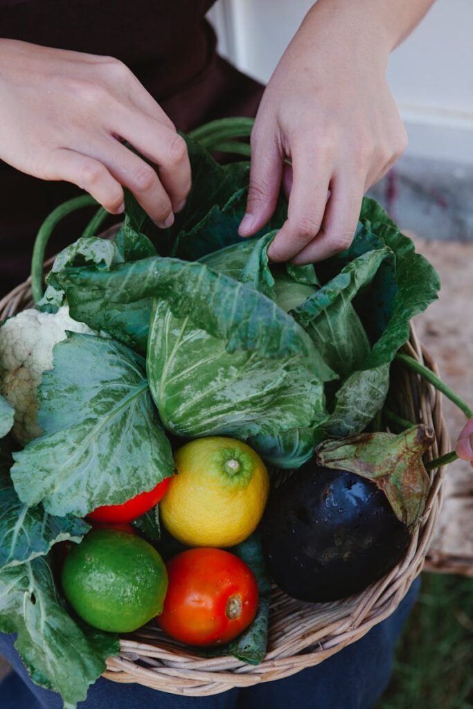 Hands arranging fresh vegetables in a woven basket, showcasing a colorful assortment.