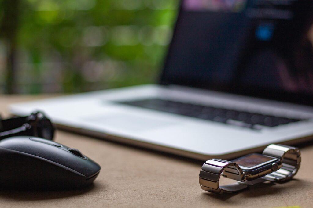 desk, workplace, laptop, computer, smartwatch, watch, mouse, study