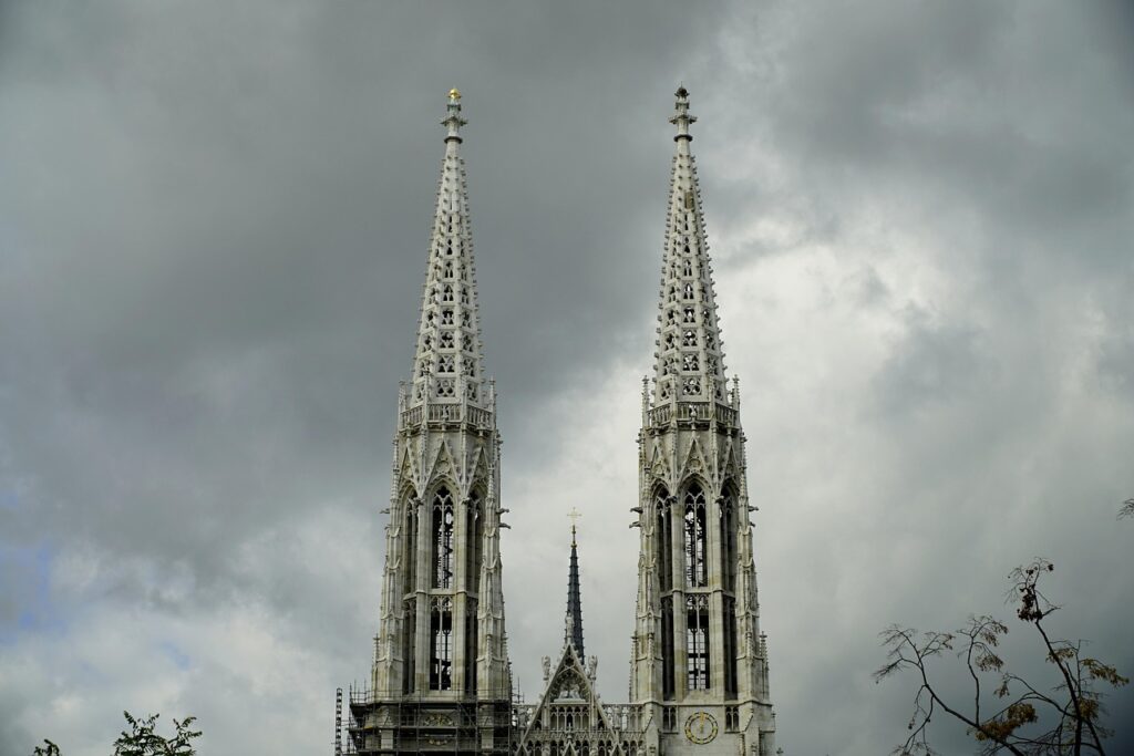 church, nature, votive, vienna, architecture, towers, sky