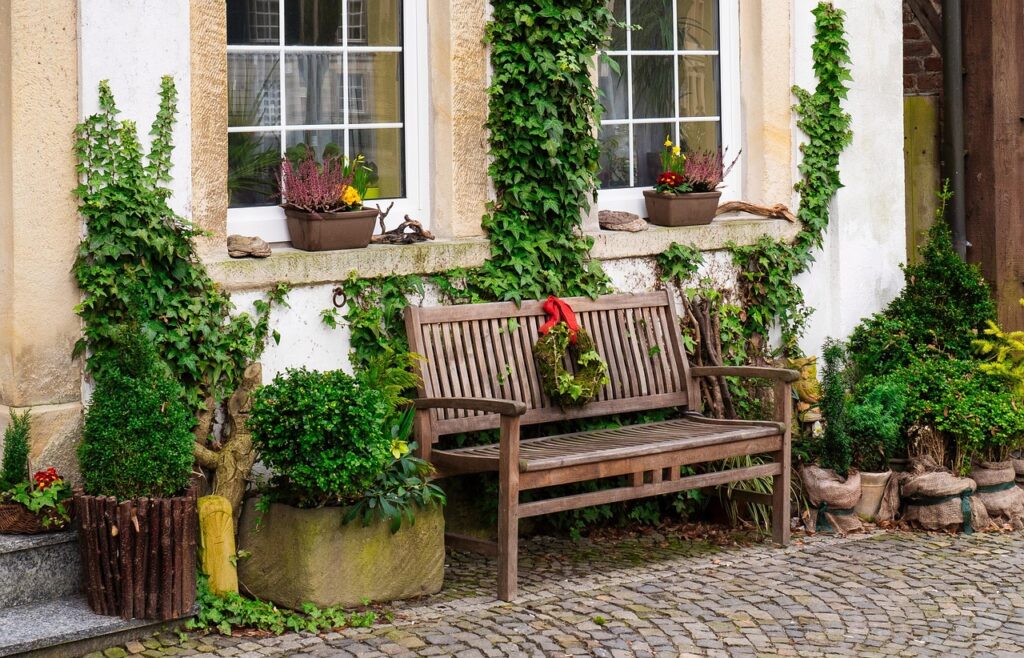 bench, facade, garden, ivy, architecture, building, front yard, nature, house