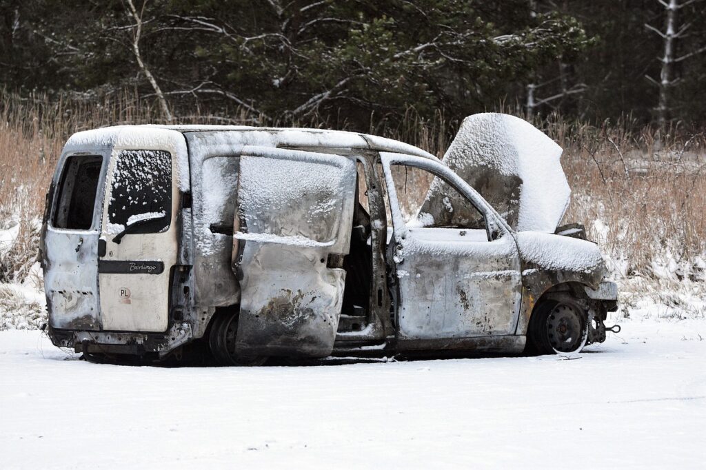 burnt car, car wallpapers, nature, car, winter, vehicle, burned down, car accident, collision, snow, street