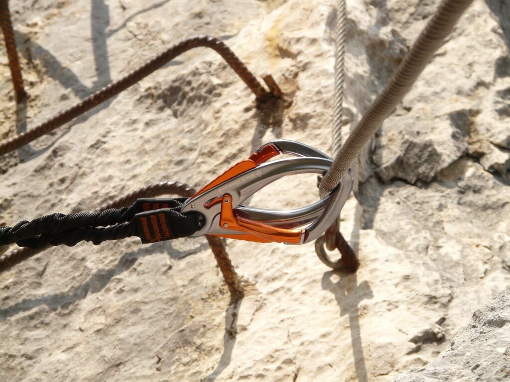 carabiner, rope, hook, backup, via ferrata, via ferrata set, rope up, security, redundancy, steel rope, anchoring, via ferrata, via ferrata, via ferrata, via ferrata, via ferrata, redundancy