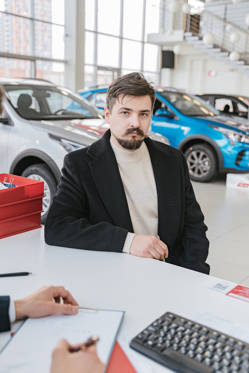 A man in a coat discusses with a sales representative in a bright, modern car showroom.