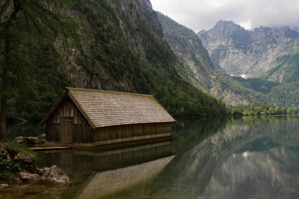 lake, house, mountains, landscape, nature, clouds, forest