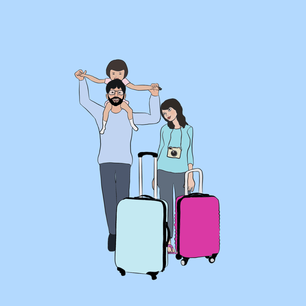 family, travel, luggage, man, vacation, woman, child, father, mother, holidays, airport, blue background, family, travel, travel, travel, travel, travel, woman, airport, airport