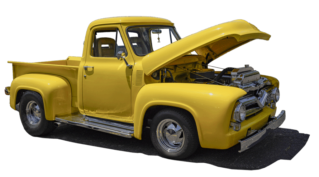 yellow truck, pick-up truck, classic pickup truck, vintage vehicle, transportation, under the hood, cutout