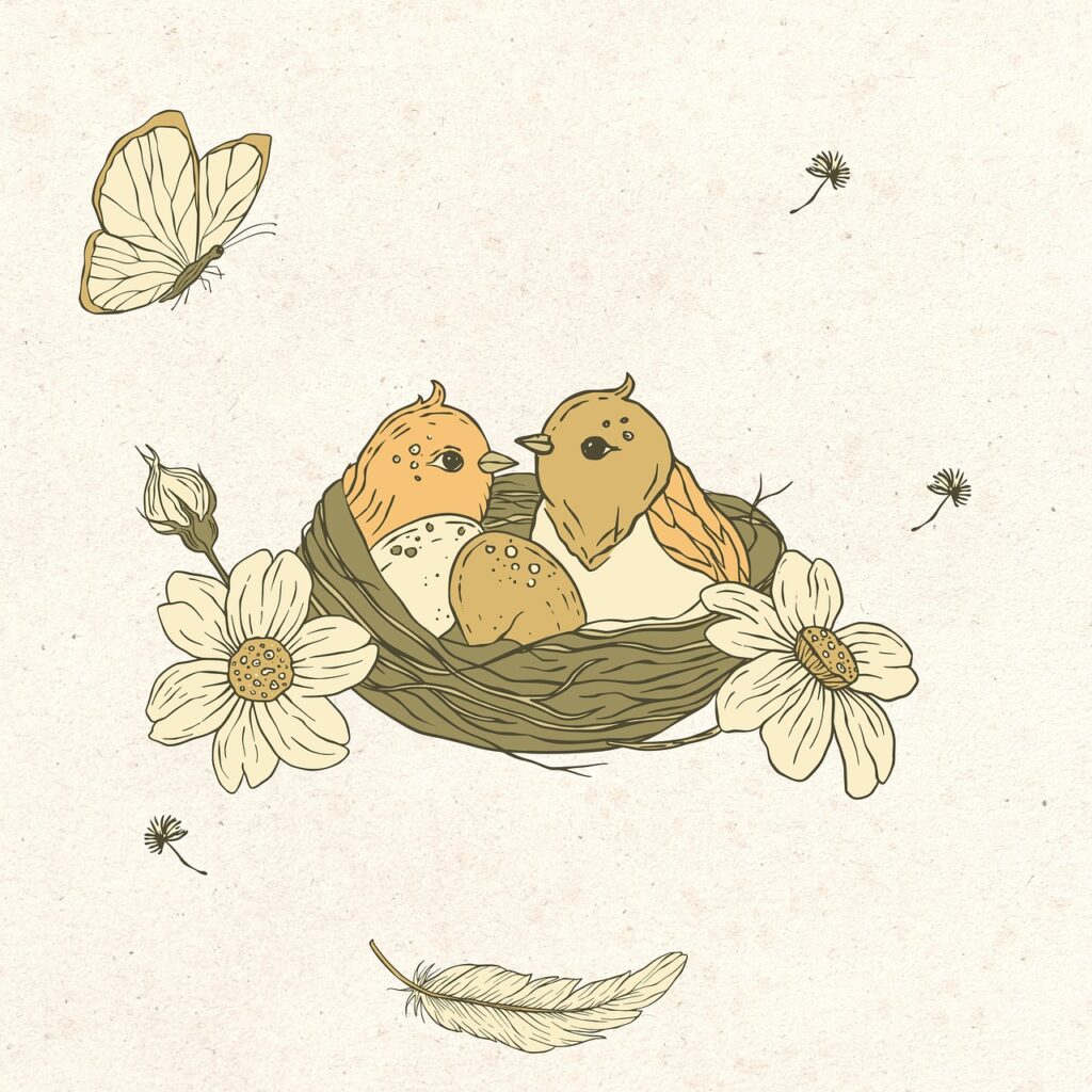 birds, birth card, bird nest, nature, nest, drawing, sketch, line art, twins