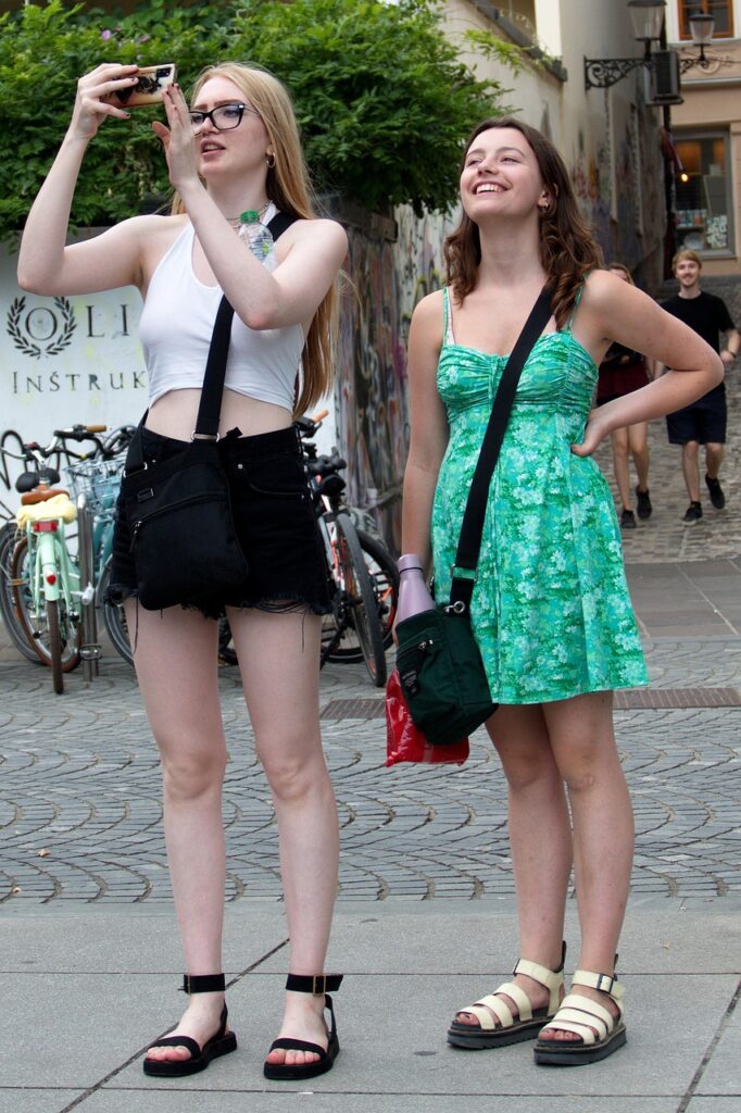 women, friends, smartphone, camera, smile, happy, travel