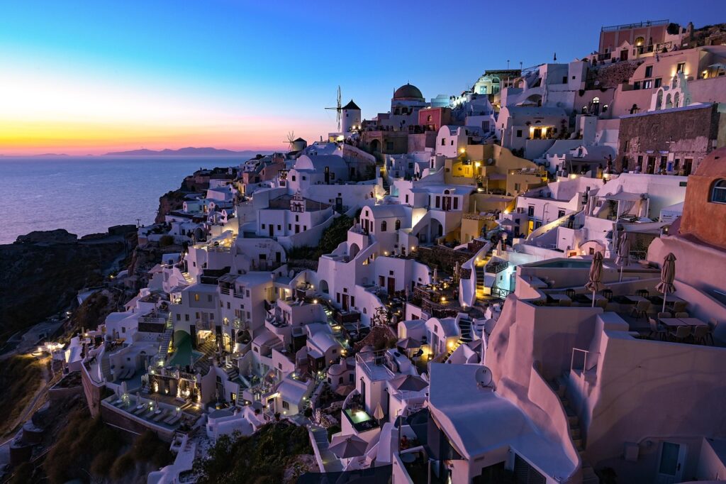 sunset, houses, greece, santorini, thira, island, scenery, ocean, luxury, holiday, nature, vacation