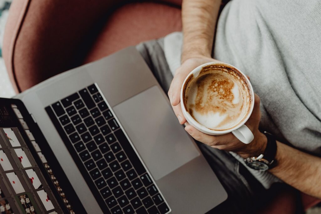 coffee, cup, computer, home, laptop, macbook, technology, office, coffee cup, business, designer, work, man, casual