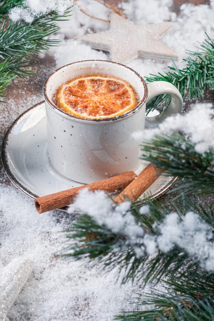 tea, tea cup, nature, drink, winter, snow, orange, cinnamon sticks, cup, season, food, beverage