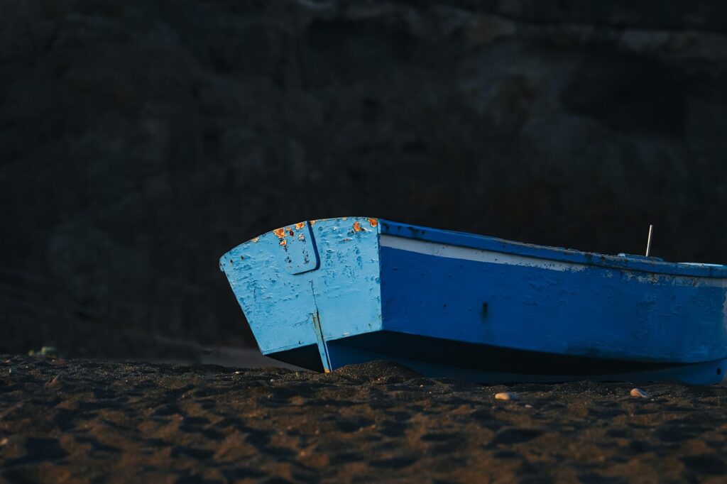 boat, beach, fishing boat, stranded, sand, nature, sunset