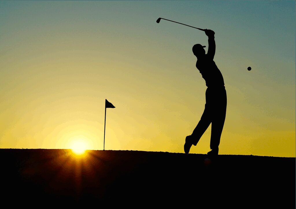 golf, golfed, sunset, sports, golfer, golf clubs, single hole flag, outdoor, man, human, nature, fitness, active, elegant