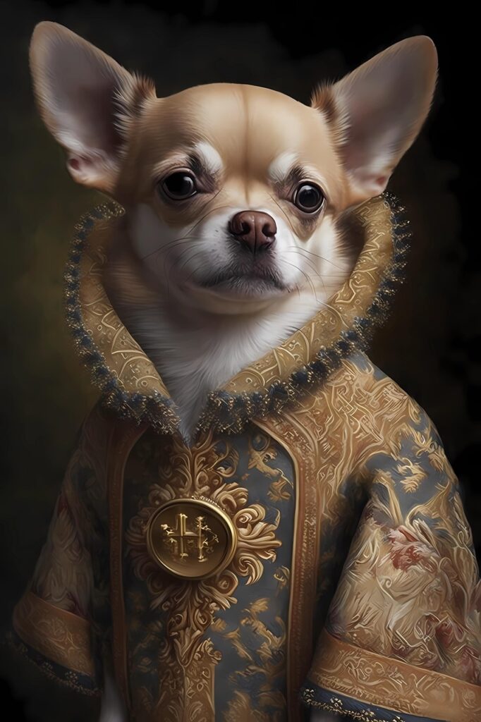 chihuahua, dog, small dog, chic, anthropomorphic dog, anthropomorphic, clothed dog, animal, dog with clothes, medieval robe, dog human, ai generated