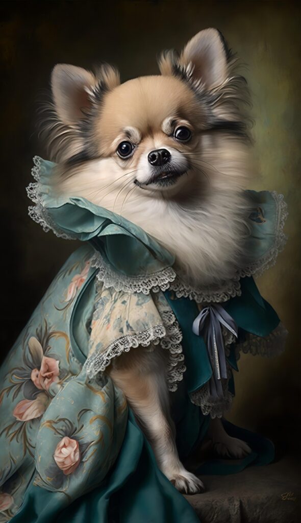 dog, small dog, anthropomorphic dog, anthropomorphic, clothed dog, animal, dog with clothes, medieval robe, dog human, aristocrat, pomeranian, dwarf spitz, dress, ai generated