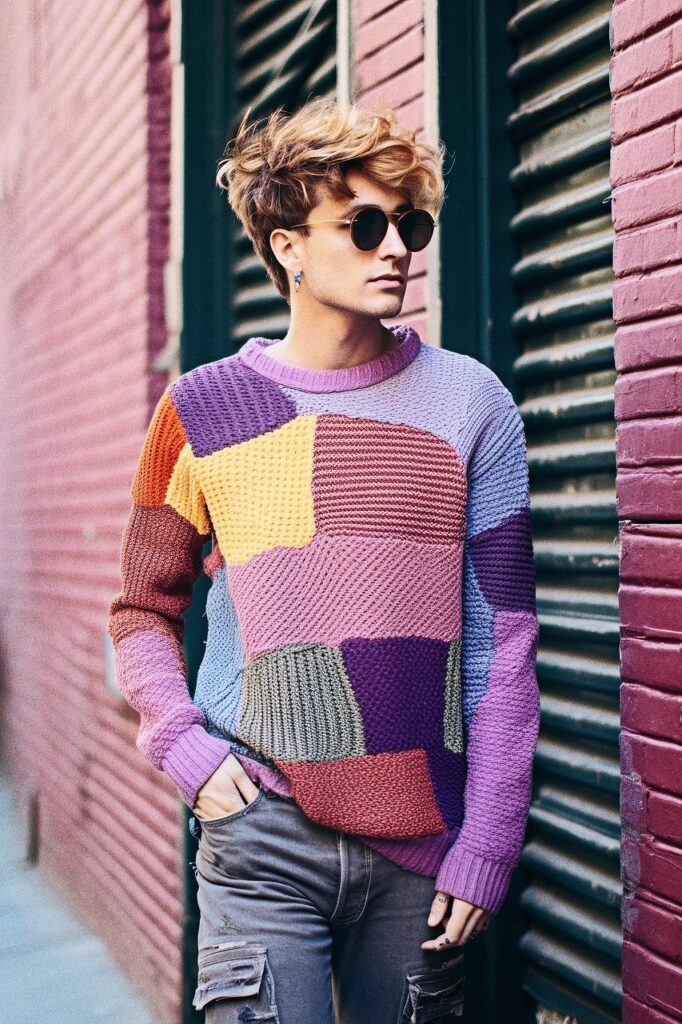 ai generated, man, sweater, young, colorful sweater, stylish, fashion, fashionable, patchwork sweater