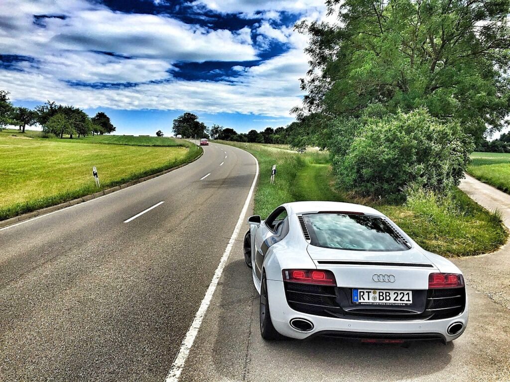 audi, car, road, street, curved road, parked car, vehicle, transportation, car wallpapers, sports car, auto, r8, automobile, automotive, car rear