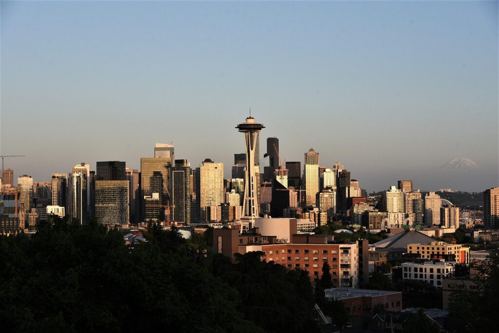 space needle, seattle, sunset, keri park, nature, building, landmark