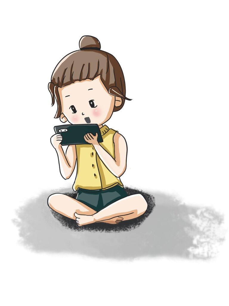 girl, phone, cellphone, play, cartoon, cute, sitting, portrait, cartoon, cartoon, cartoon, cartoon, cartoon