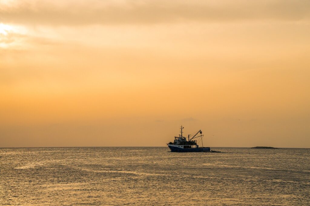 ship, sea, boat, sunset, eve, crawler, nature, fishing, fisherman