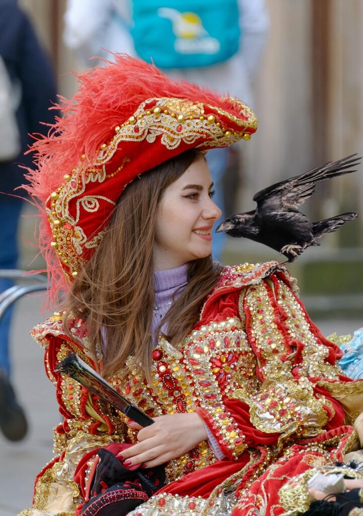 clothes, vintage, princess, marquez, duchess, hat, hay, nature, attraction, tourism, bird, crow, flying, outdoors, public place
