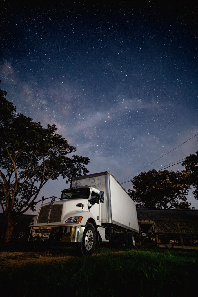 truck, night, nature, night sky, sky, vehicle, transport, space, cosmic