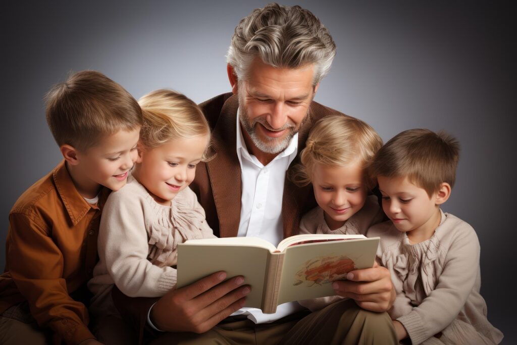 ai generated, man, children, read out, reader, lecture, book, read, lecture, read, read, read, read, read